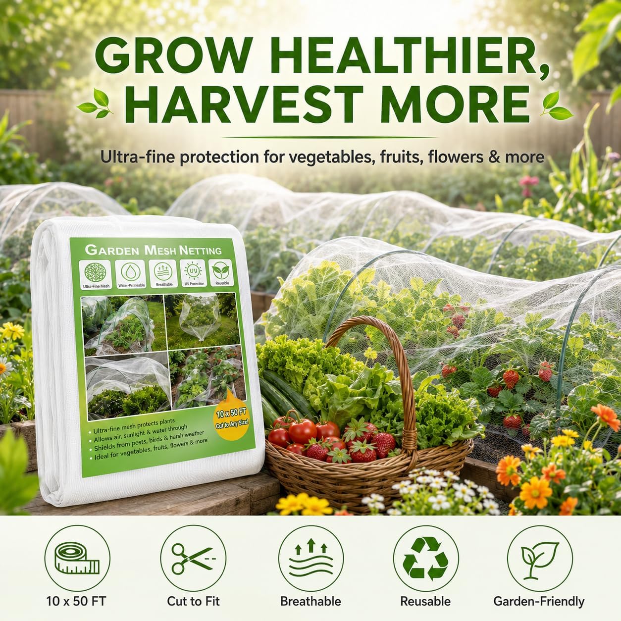 10 ft x 50 ft Garden Mesh Netting,Ultra Fine Plant netting for garden protection, garden netting for raised beds