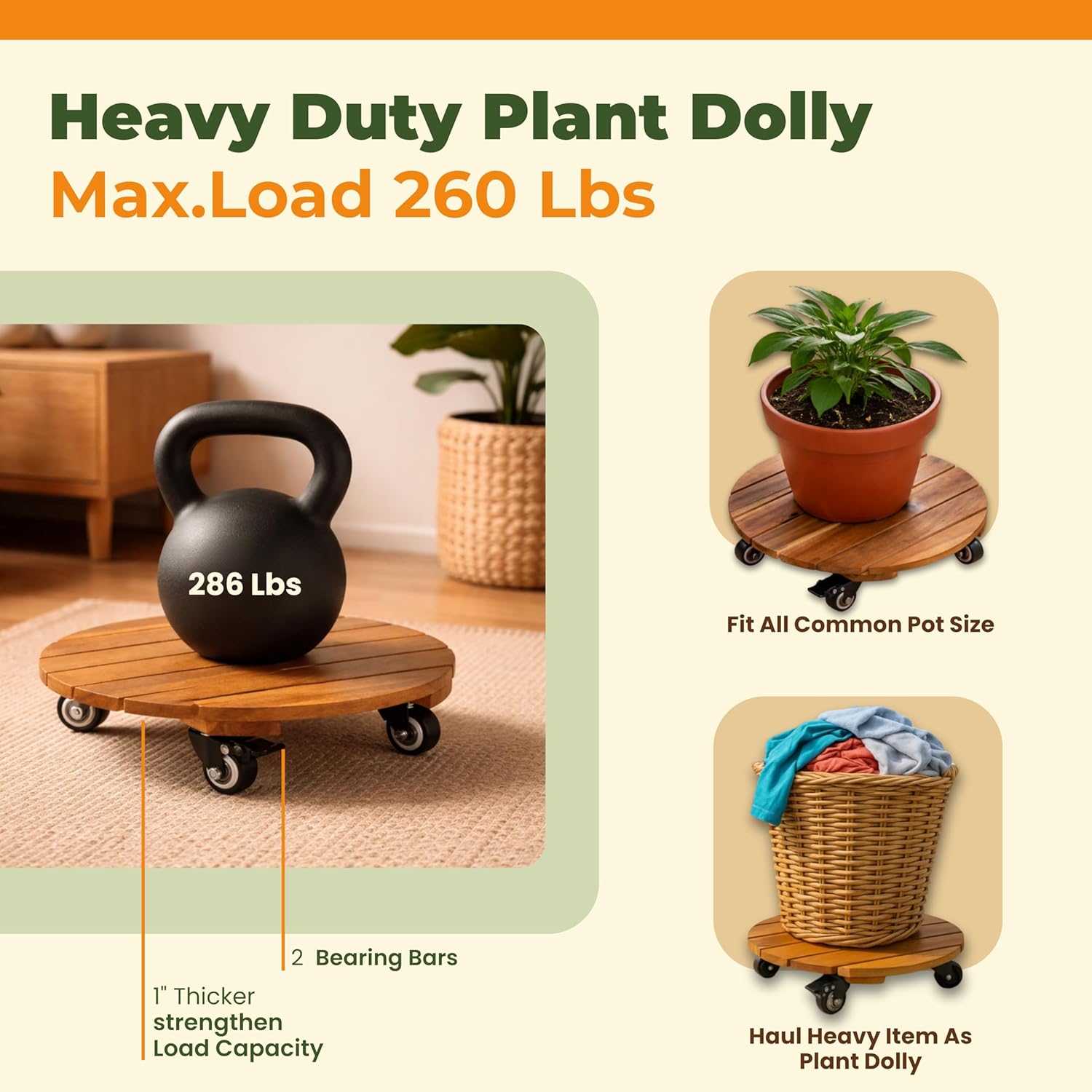 Jurax Wood Plant Caddy with Wheels – Heavy Duty Plant Dolly Holds Up to 286 lbs, 360° Lockable Casters, Rolling Plant