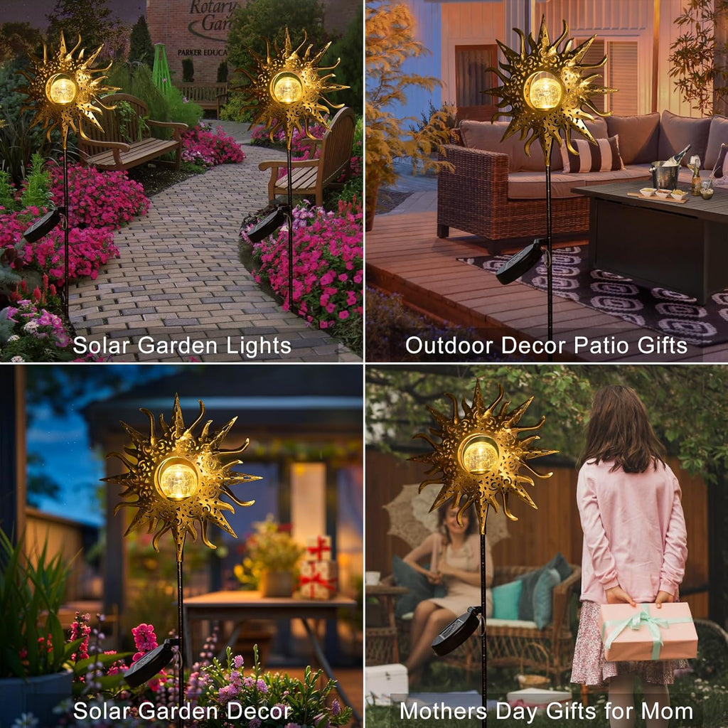 Large Sun Solar Garden Decor Lights Outdoor Garden Gifts Mom Dad, Crackle Glass Metal Stake Backyard Decor, Waterproof
