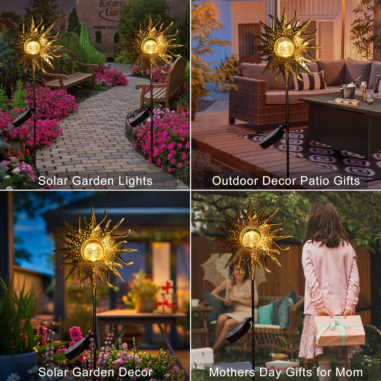 Large Sun Solar Garden Decor Lights Outdoor Garden Gifts Mom Dad, Crackle Glass Metal Stake Backyard Decor, Waterproof