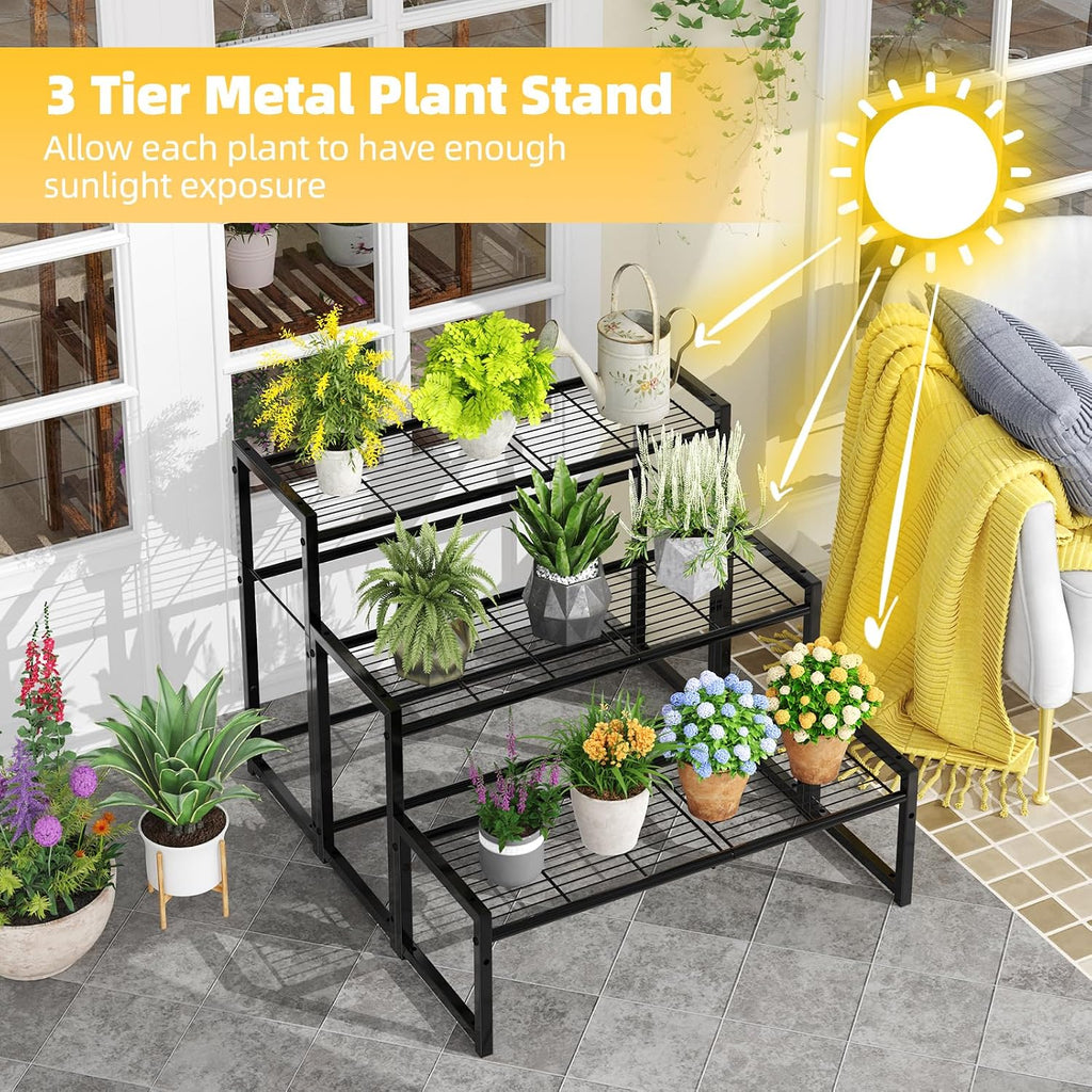 Simple Trending 3 Tier Metal Plant Stand Outdoor Indoor Waterproof, Stackable Heavy Duty Tall Plant Shelf Flower Pot