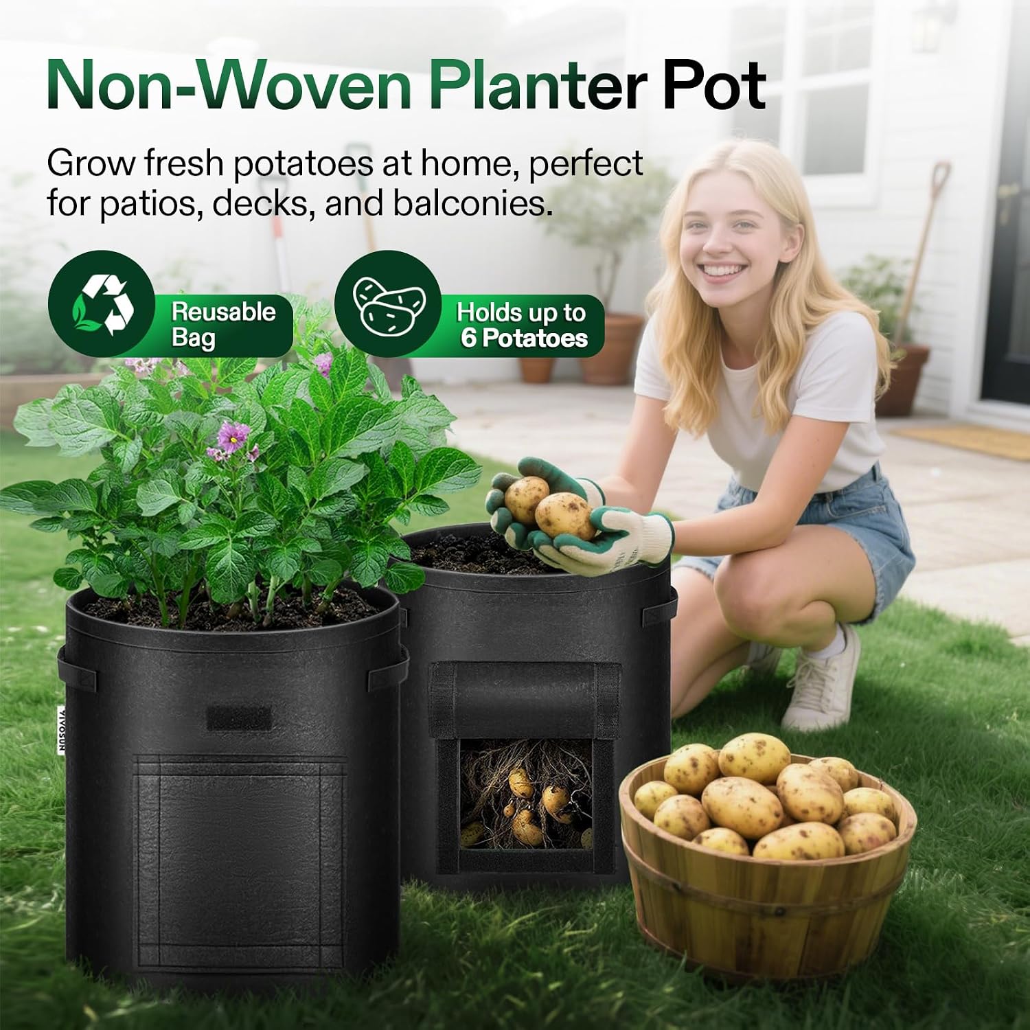 VIVOSUN 5-Pack 10 Gallon Potato Grow Bags for Growing Potatoes, Fabric Potato Pots with Handle and Roll-up Window