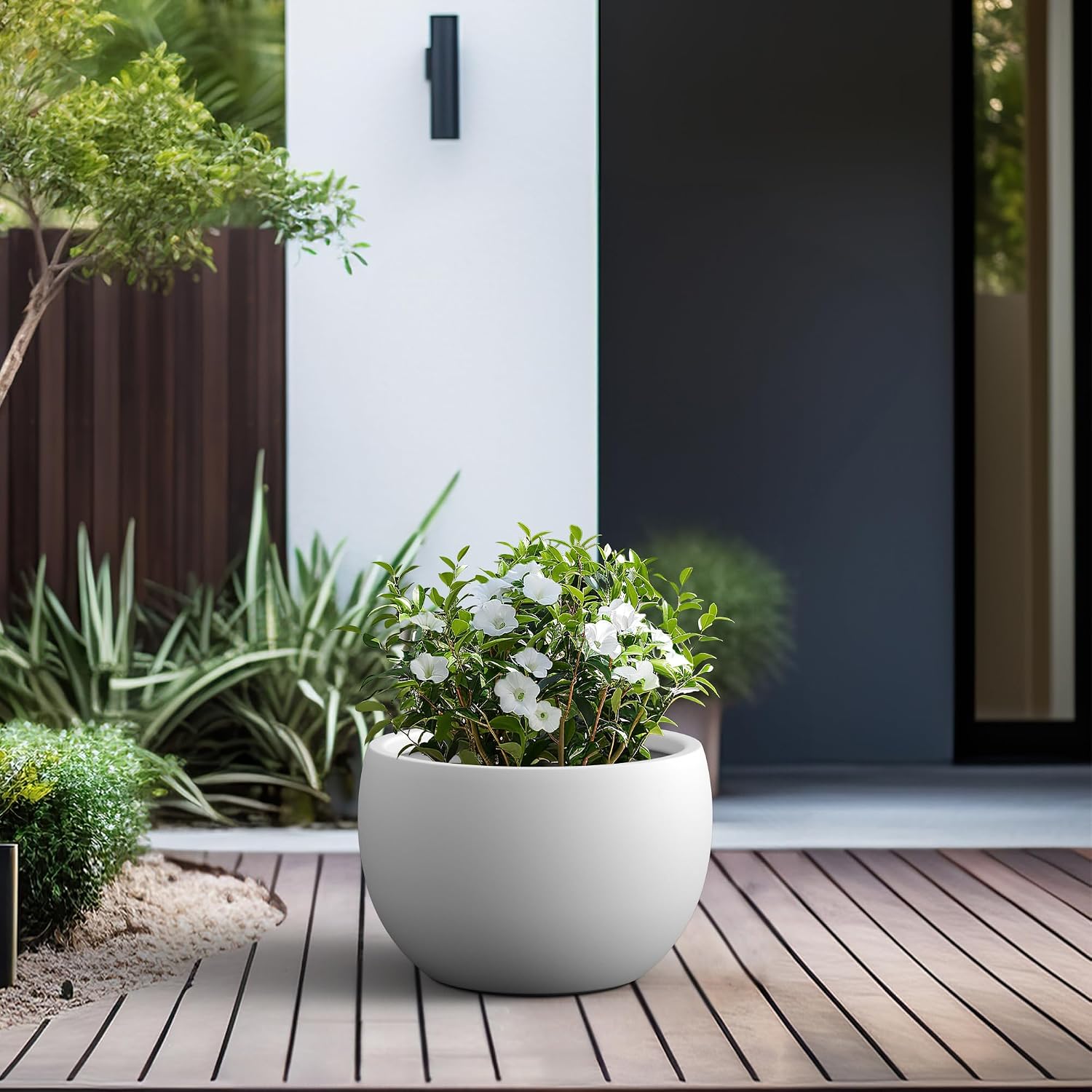 Kante Large Round Bowl White Concrete Planter 20" Dia, Outdoor | Rubber Plug for Indoor, Drainage for Garden