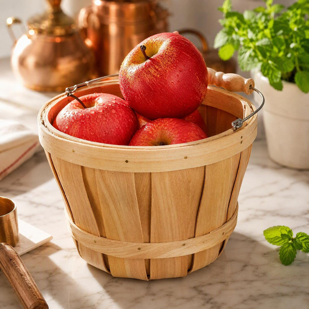Okllen 2 Pack Round Wooden Baskets with Handle, Empty Wood Fruit Buckets, Easter Basket Fall Harvest Basket for Display