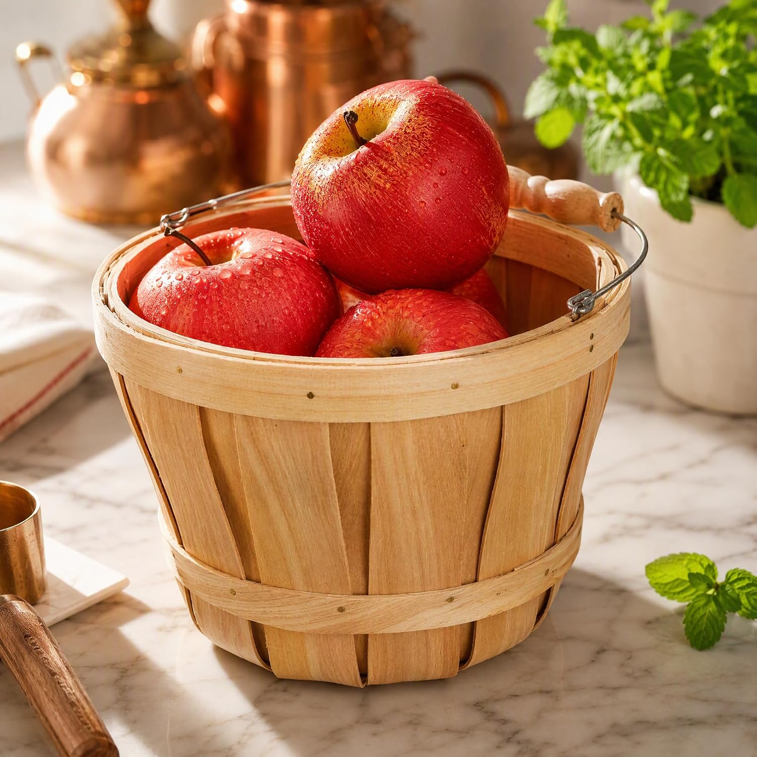 Okllen 2 Pack Round Wooden Baskets with Handle, Empty Wood Fruit Buckets, Easter Basket Fall Harvest Basket for Display