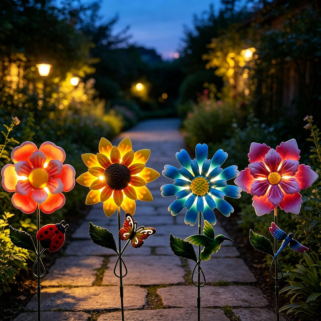 Solar Garden Stakes Lights for Outdoor Decor, 4 Pack Waterproof Metal Art Stick Flowers, Light for Outside Garden Patio