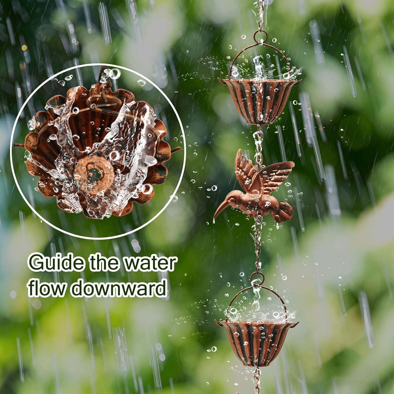 7.8FT Rain Chains for Outside, Copper Rain Chains for Gutters for Heavy Rains | Water-chian Catcher with 7 Metal Cups &