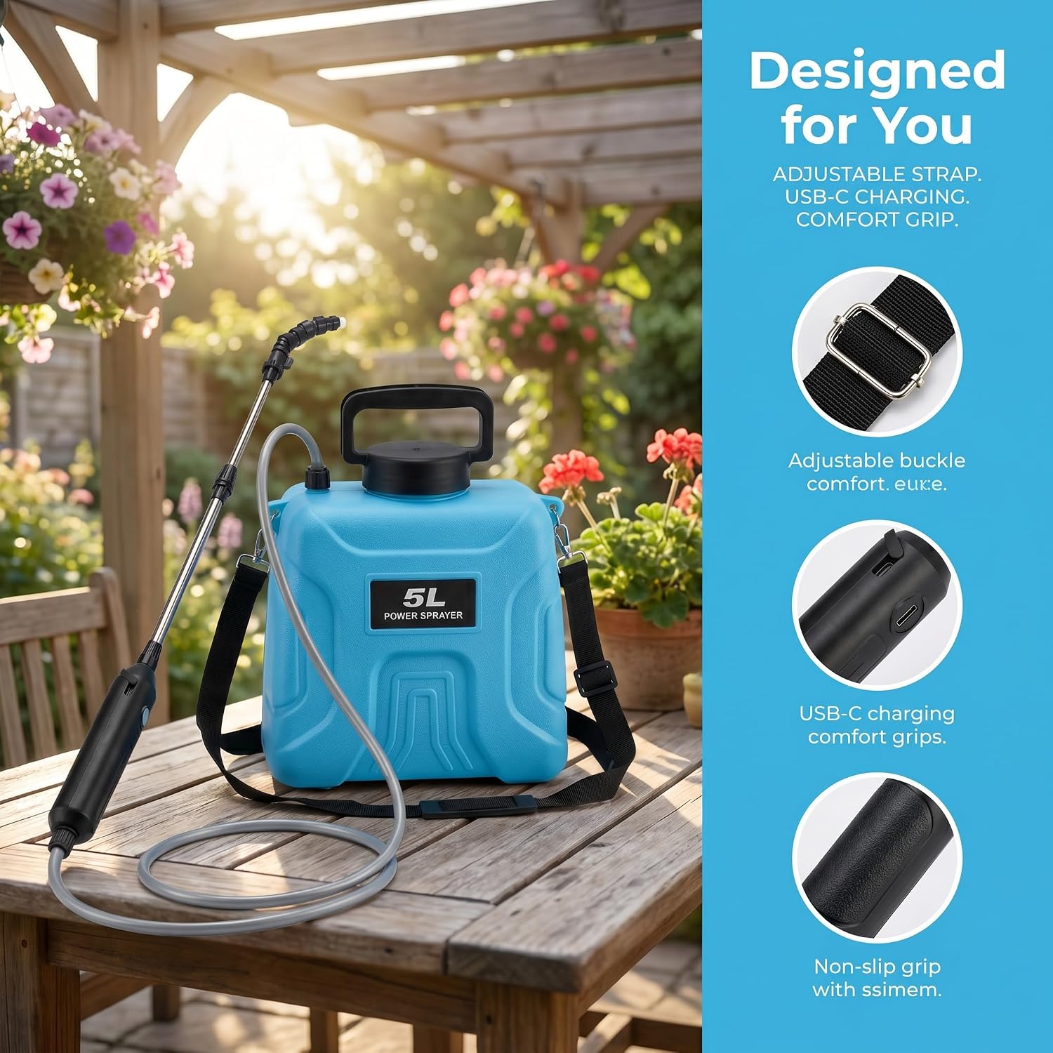 5L Plant Watering Can - Rechargeable Cordless Sprayer with Wand | Includes an Extendable 25.6–33.4 in Wand, 2 M Hose