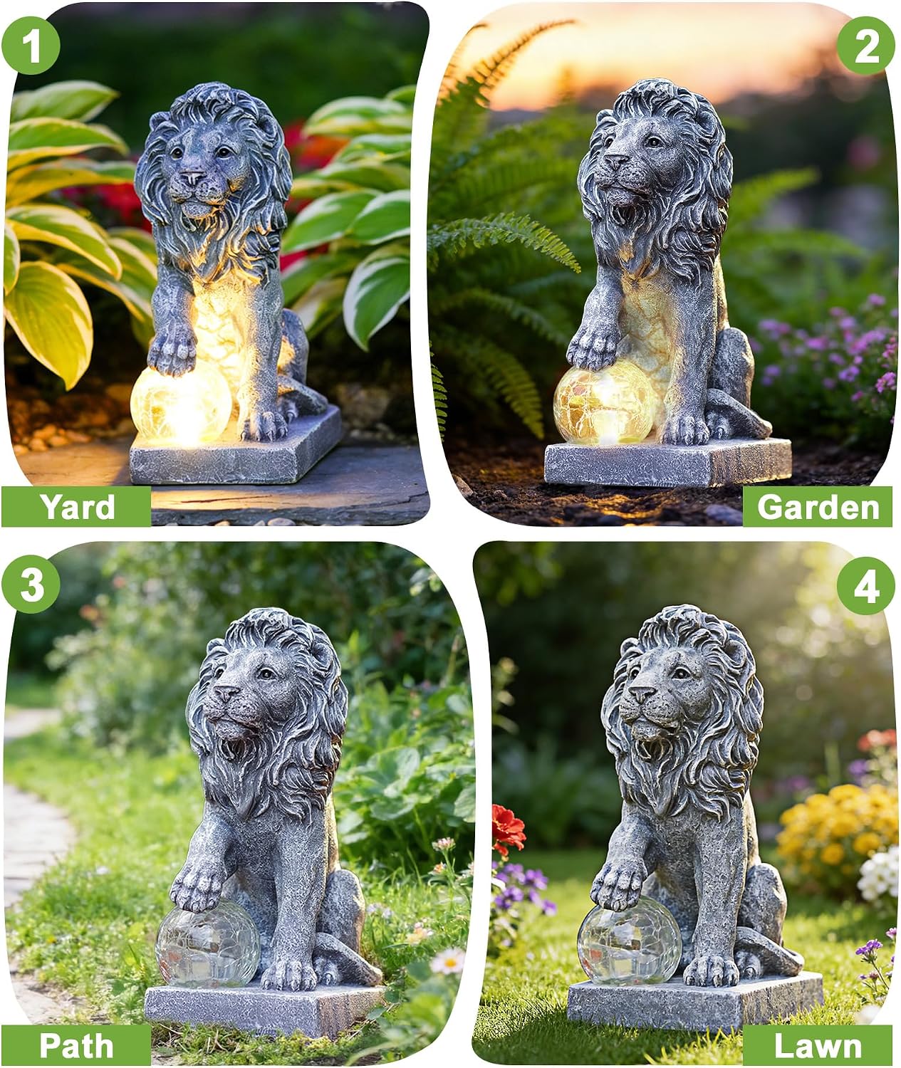 Guardian Lion Outdoor Statues for Garden with Solar Ball (Grey) | 9.45in IP65 Waterproof,Outside Decor, Yard Art Lawn