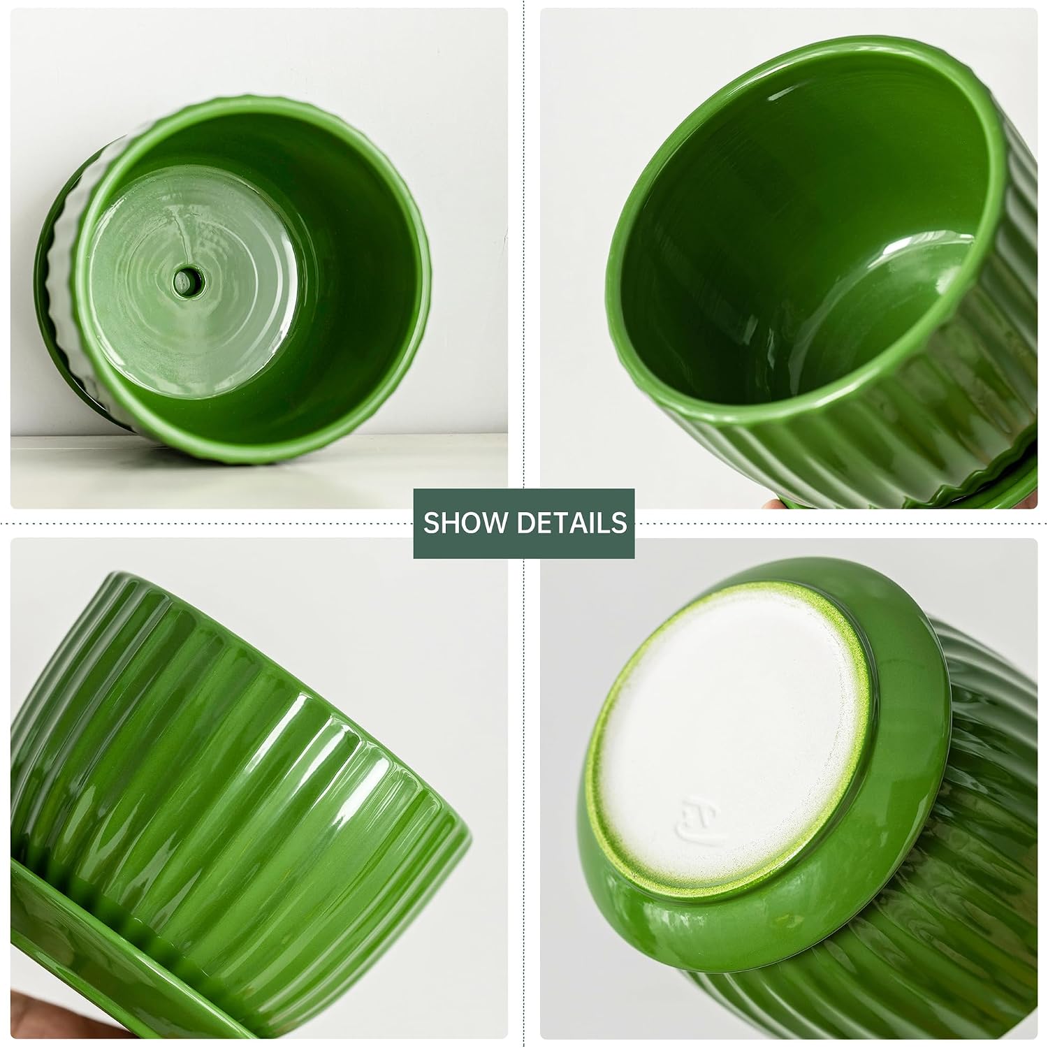 Green Plant Pots,Ceramic Planters with Drainage Holes & Saucers Set of 3 | Planters for Indoor Plants | Small Succulent
