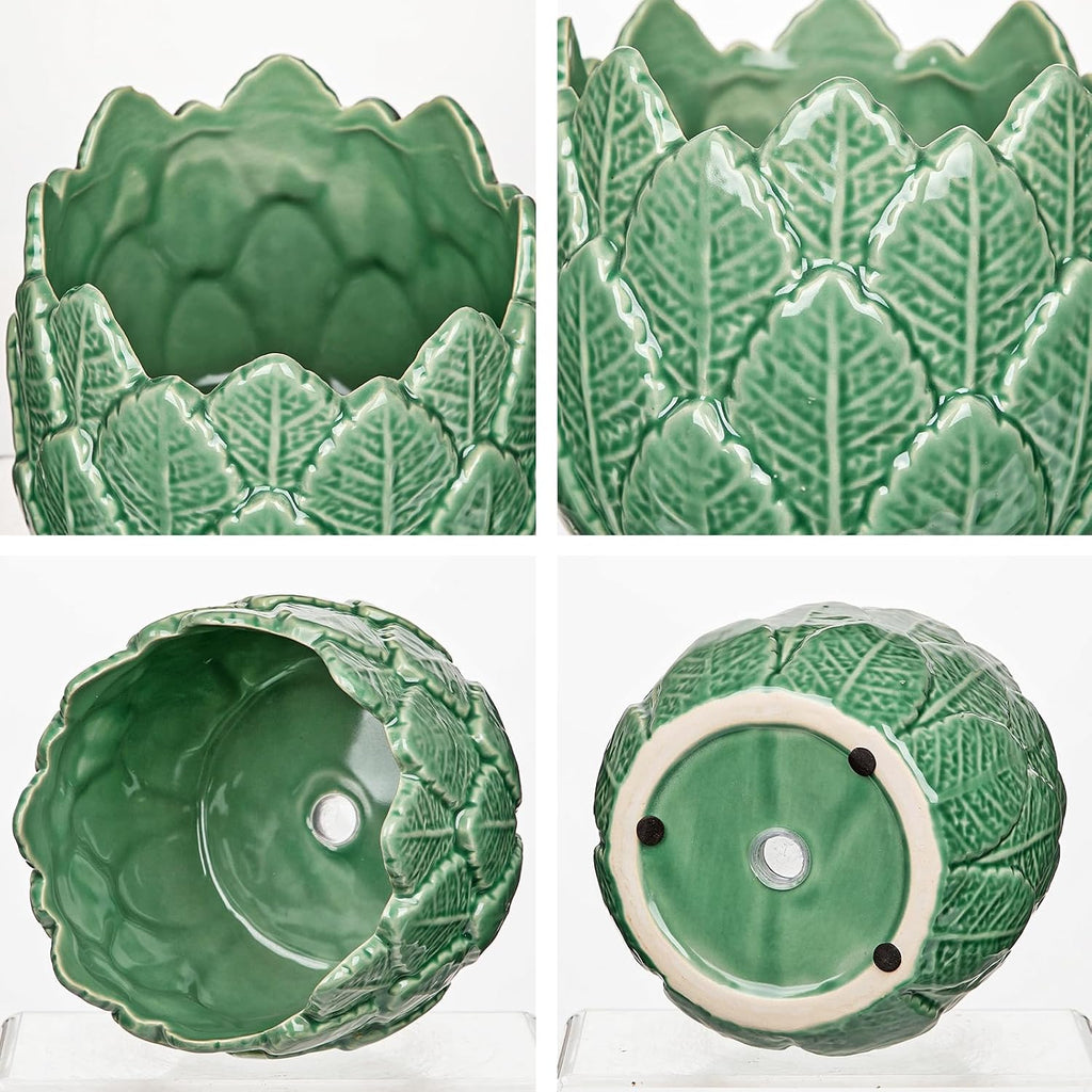 Hollyone 6 inch Ceramic Planter Pot Leaf with Drainage Hole Glazed Ceramic Planter Garden Embossed Botanical Design