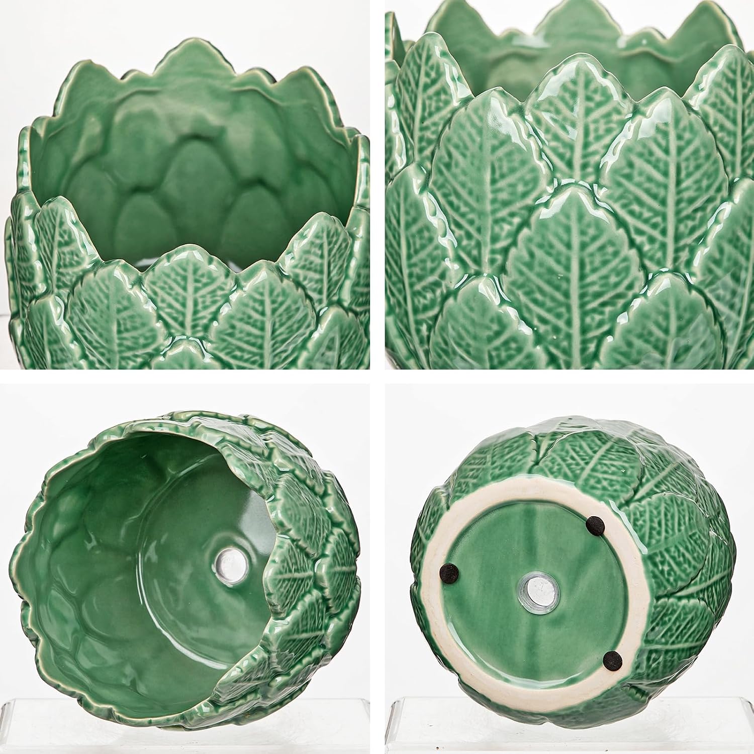 Hollyone 6 inch Ceramic Planter Pot Leaf with Drainage Hole Glazed Ceramic Planter Garden Embossed Botanical Design