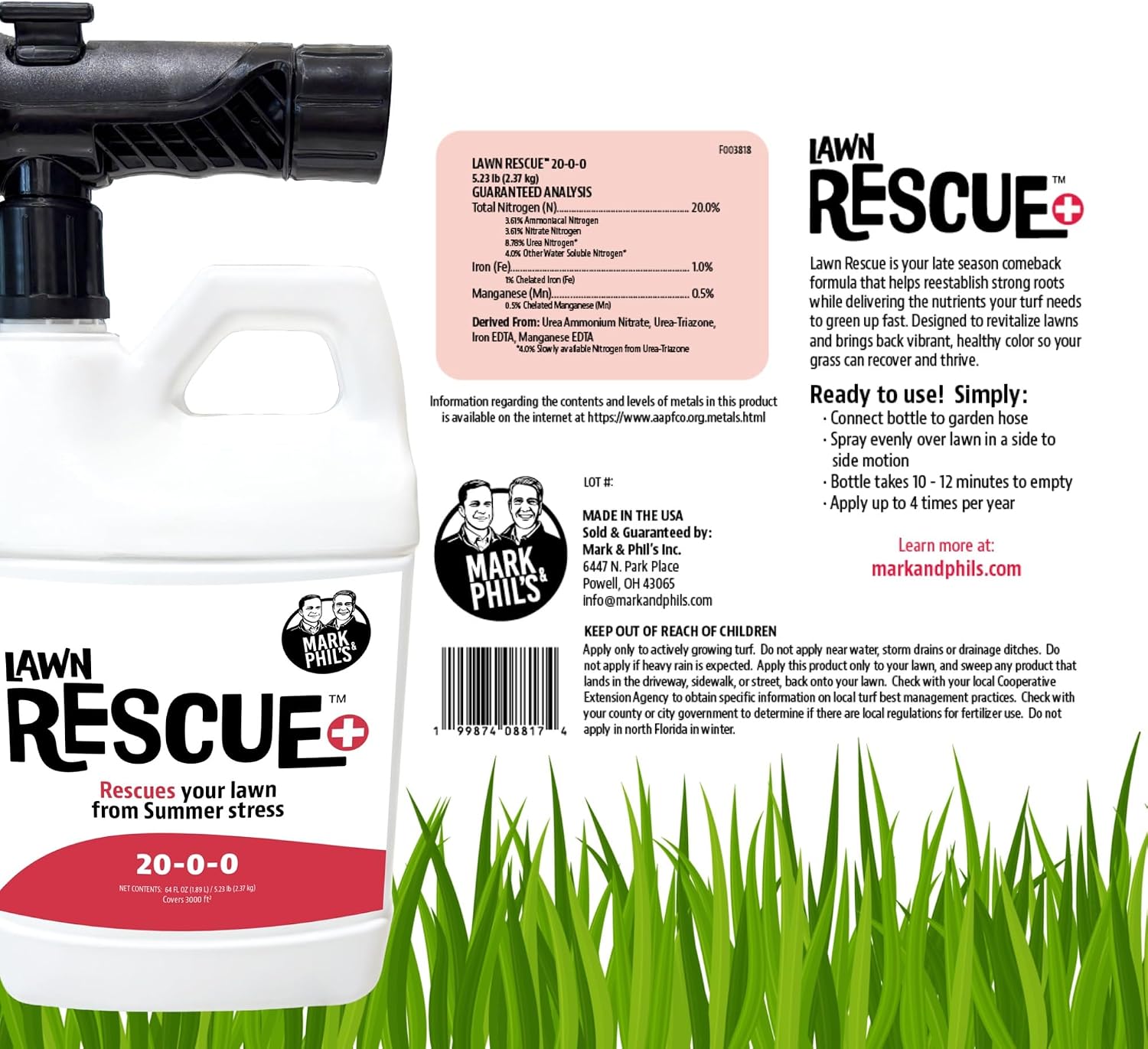Lawn Rescue by Mark and Phil’s, Liquid Lawn Fertilizer, Fast Lawn Recovery for Summer Heat and Drought Stress, 20-0-0