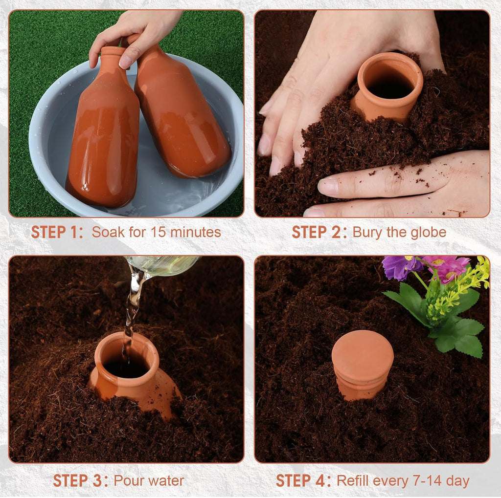 DoubleFill 4 Pcs 24oz Ollas Terracotta Watering Pots Self Watering Planter Insert Terracotta Globes Clay for Outdoor