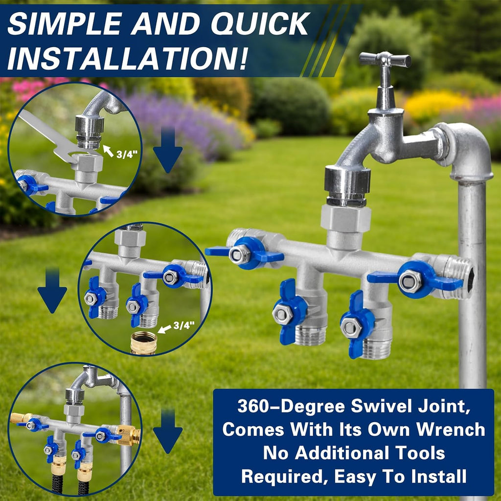 4 Way Garden Hose Splitter, 304 Stainless Steel Hose Splitter with 4 Shut-Off Valves, Heavy Duty Outdoor Faucet
