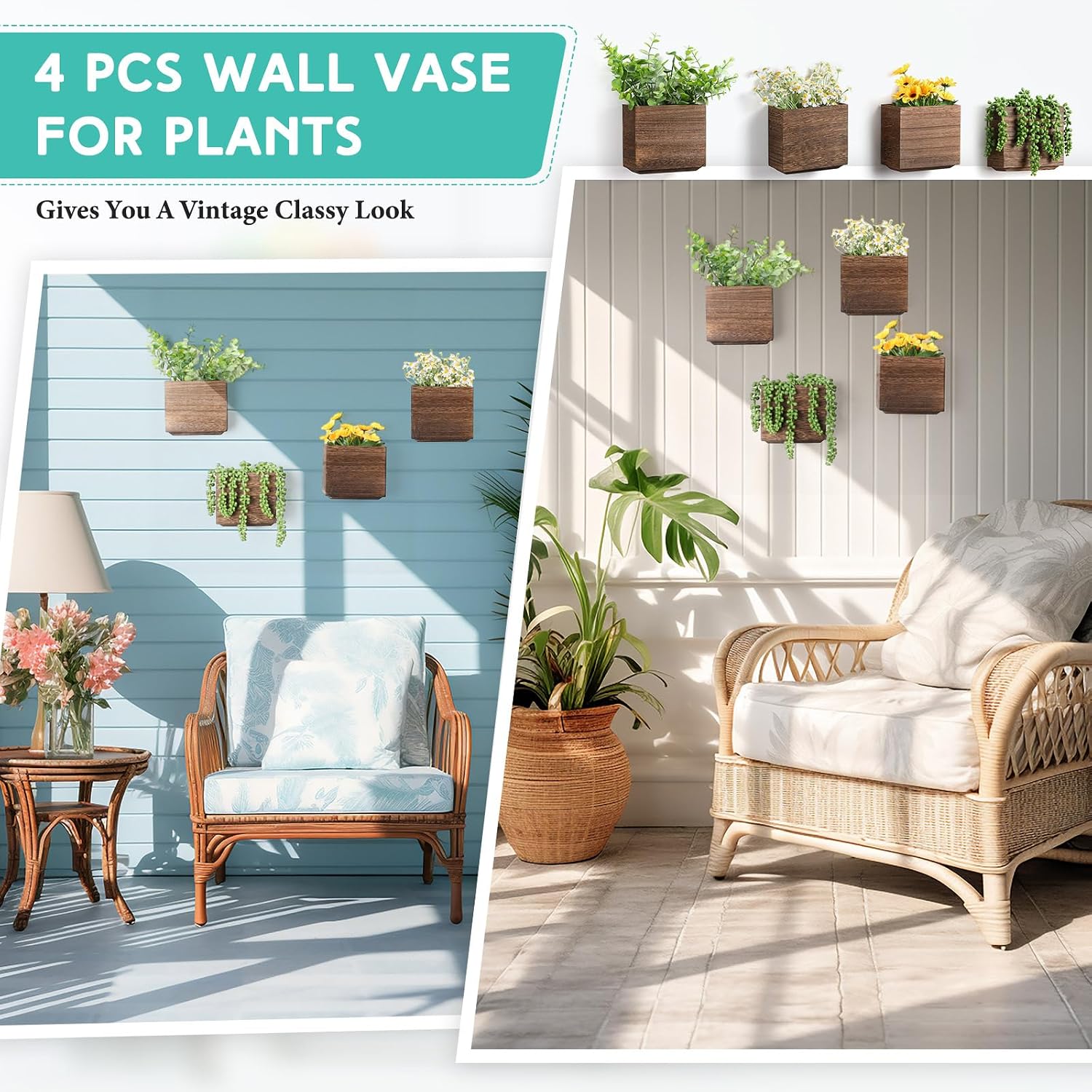 Qinyoung 4 Pack Wood Wall Planters Natural Hanging Plant Pots 5.5 x 5 Inches Natural Farmhouse Wall Hanging Decor Vase