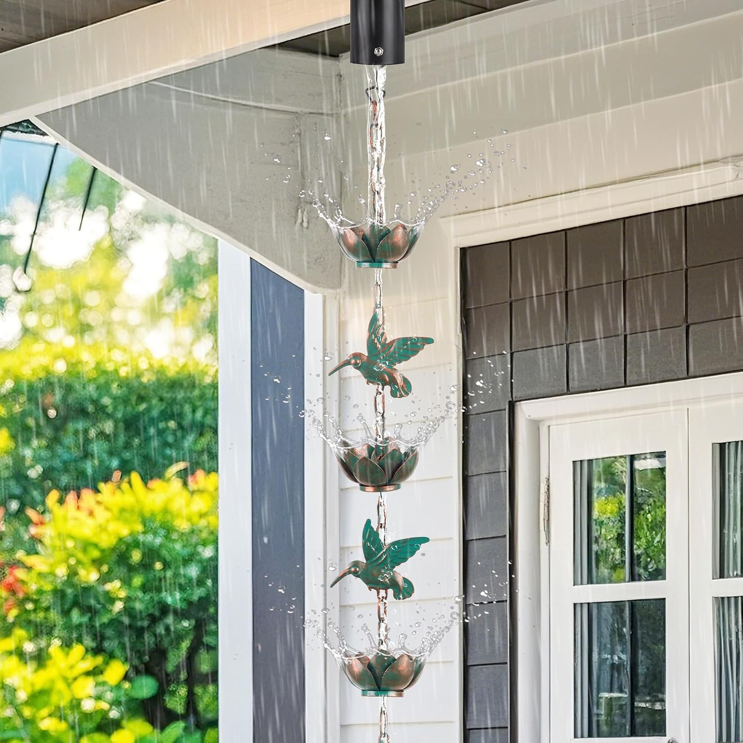 Rain Chain for Gutters Downspouts Outside,8.8ft Hummingbird Rain Chain with 12 Copper Lotus Rain Chain Cups,Functional