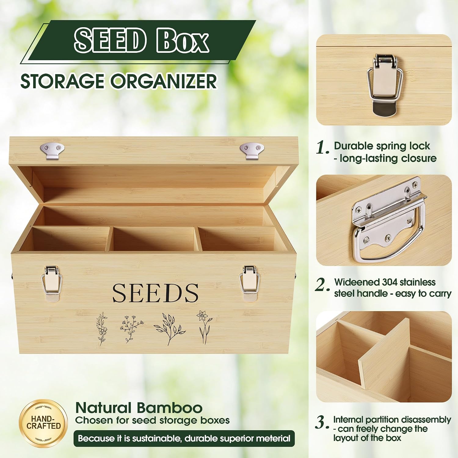 Bamboo Seed Storage Organizer, Large Garden Seed Organizer with Lid & Safety Lock & Handles, Seed Box Includes Seed