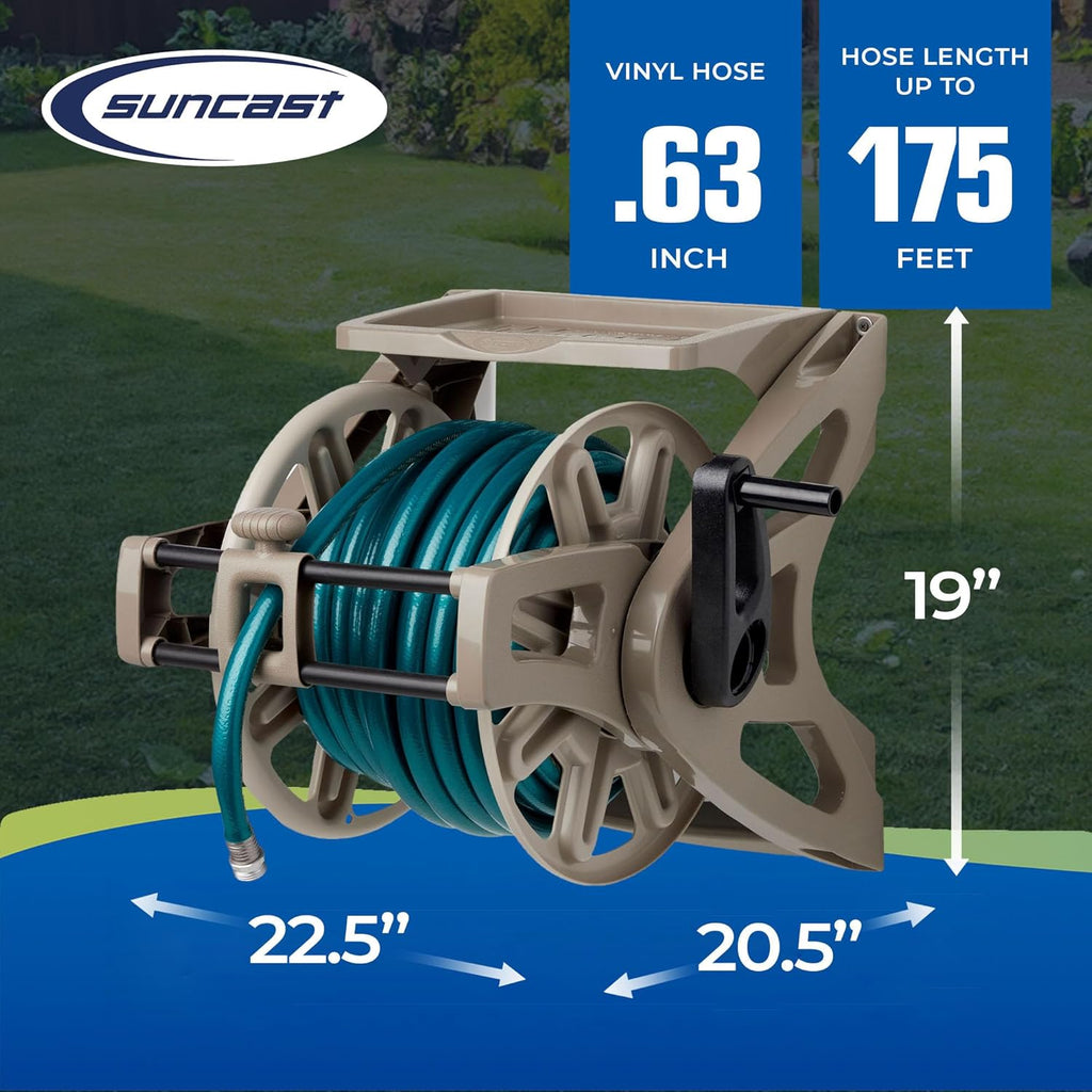 Suncast Slide Trak Garden Hose Reel, Wall-Mount Holder with Storage Tray, Dark Taupe - Outdoor Mounted Organizer for
