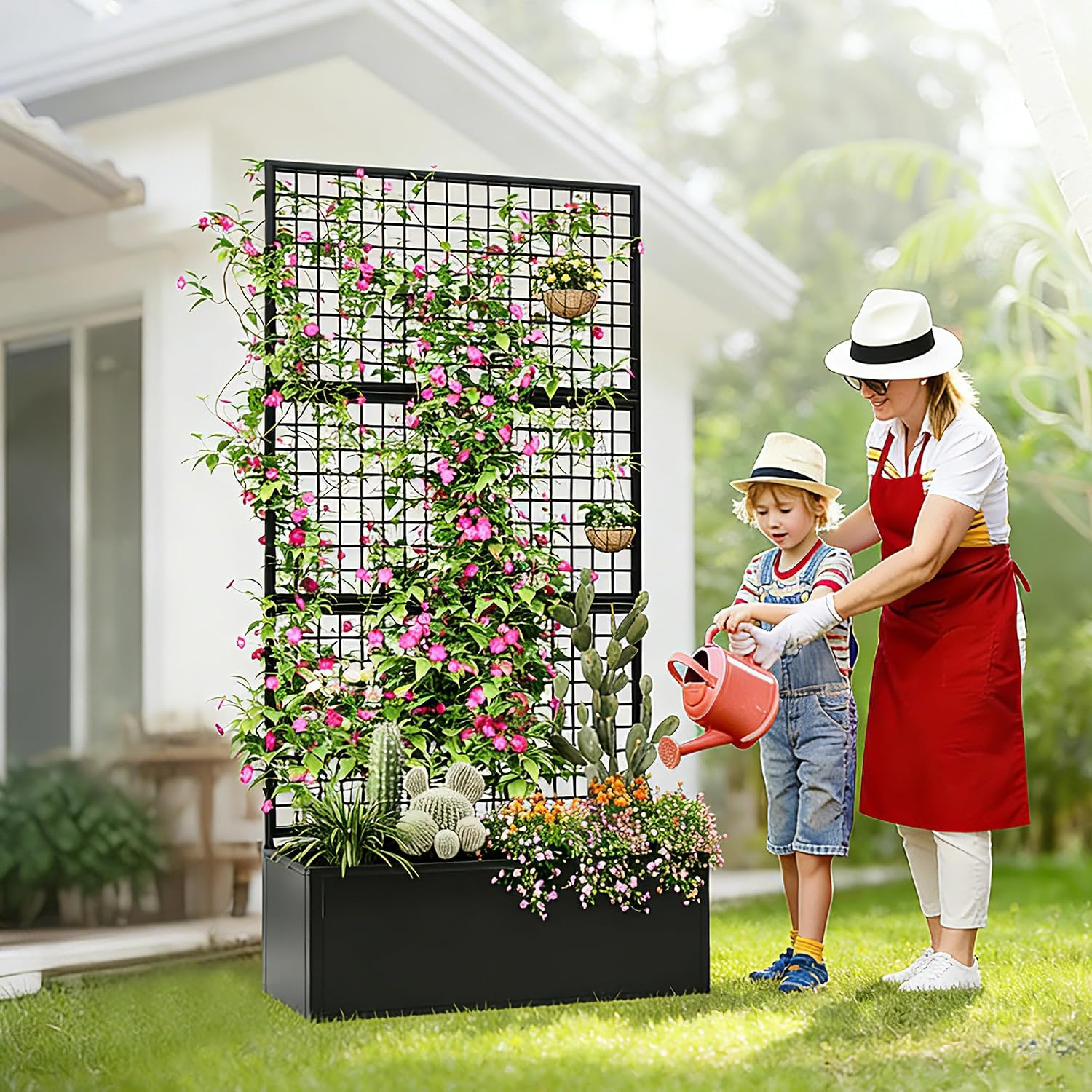 Privacy Planters for Patio – Metal Raised Garden Bed with Trellis and Privacy Screen, 71" x 35" x 16" Planter Box with
