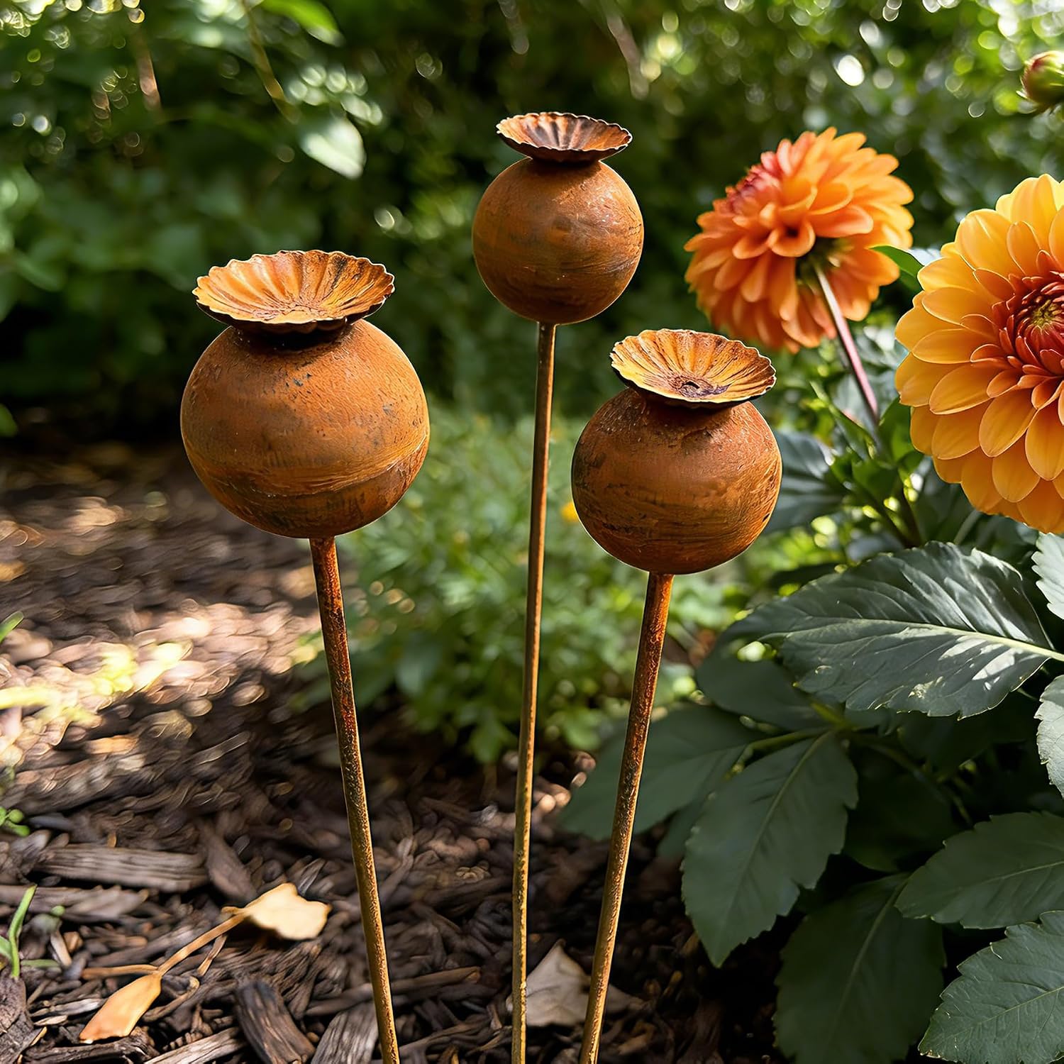 Metal Flowers 3PCS - 24inch Metal Garden Stakes Decorative Yard Art | Rusty Metal Flowers for Outside Lawn Flower Bed