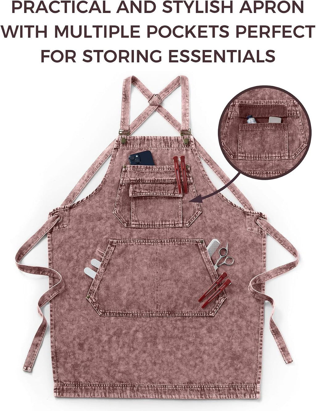 Denim Apron with Pockets for Hair Stylist Gardening Craftsmen Barista Women Hairdresser Jean Work Apron Cross Straps