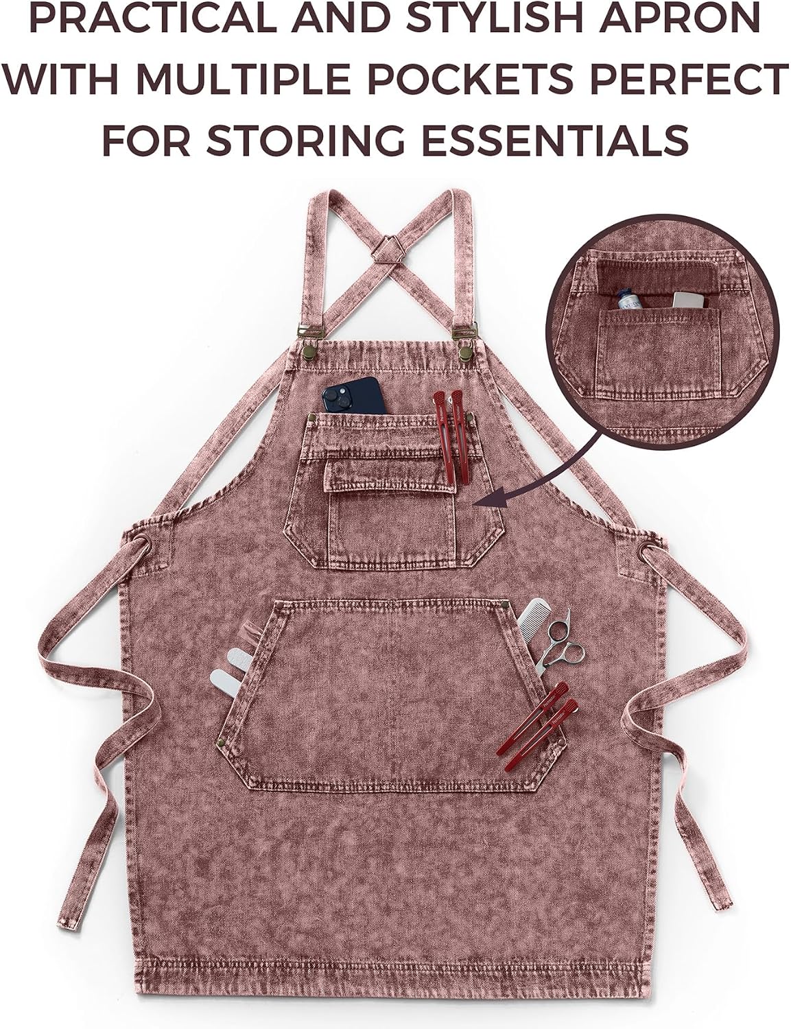Denim Apron with Pockets for Hair Stylist Gardening Craftsmen Barista Women Hairdresser Jean Work Apron Cross Straps