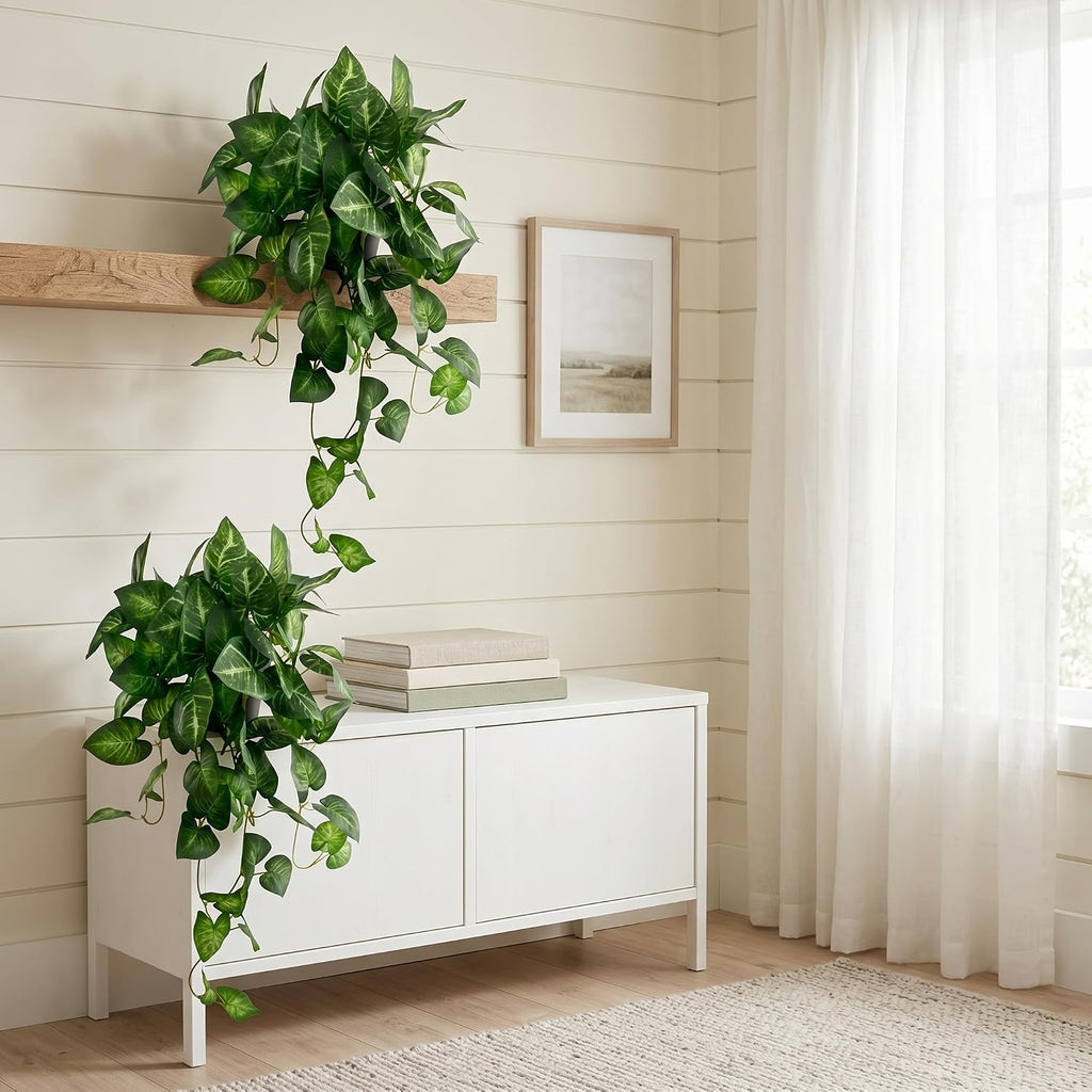 Artificial Pothos Hanging Plant, 25" Set of 2 Faux Ivy Vines with Pots | Fake Silk Realistic Hanging Greenery Plants