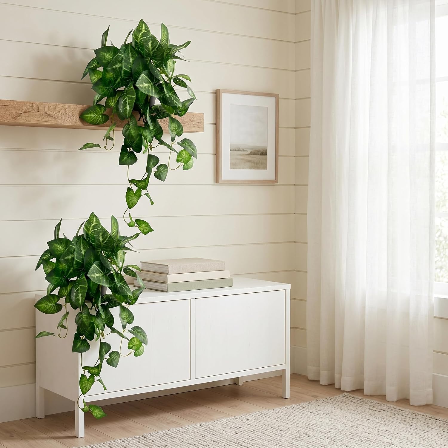 Artificial Pothos Hanging Plant, 25" Set of 2 Faux Ivy Vines with Pots | Fake Silk Realistic Hanging Greenery Plants