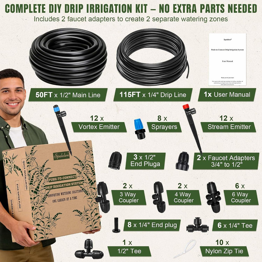 Push-to-Connect Drip Irrigation System Kit, 2-Zone Garden Watering System with 50FT 1/2" Mainline, Leak-Resistant Quick