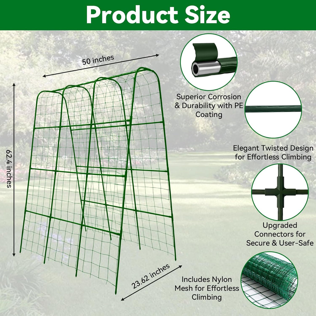 Cucumber Trellis - 62.4"*50" Cucumber Trellis for Raised Bed with Plastic-Coated Steel Pipe, U-Shape Garden Trellis for