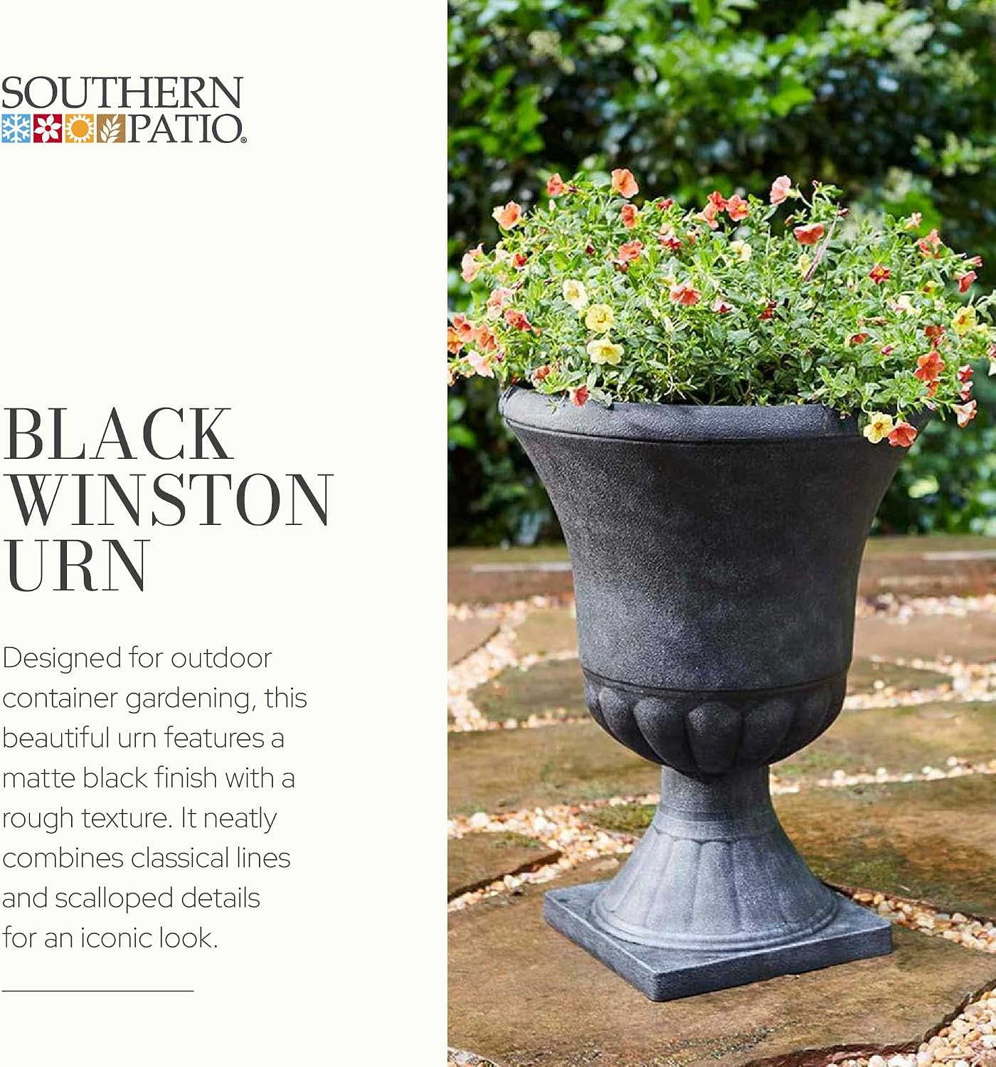 Southern Patio Winston Plant Urn, Garden Planter Urn for Flowers and Plants, 16" D x 16" W x 21" H, Weathered Black, 2