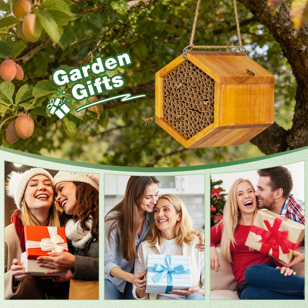 Mason Bee House - Handmade Natural Wooden Bee Hive Coated with Wax for Water-Proof and Long Service Life - Attracts
