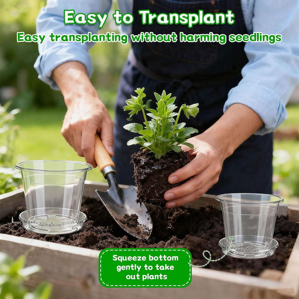 3/4/5/6/7 Inch Clear Nursery Pots with Drainage Holes and Saucers 30 Pack | Transparent Plastic Pots for Plants Flowers