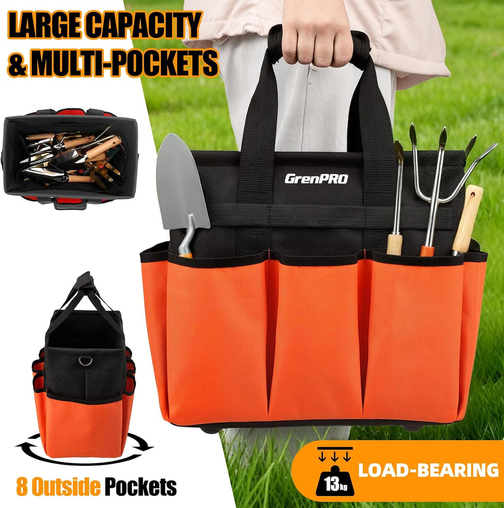 GRENPRO Garden Tool Bag, 10 Pockets, Adjustable Shoulder Strap, Orange | Heavy-duty gardening organizer tote stands