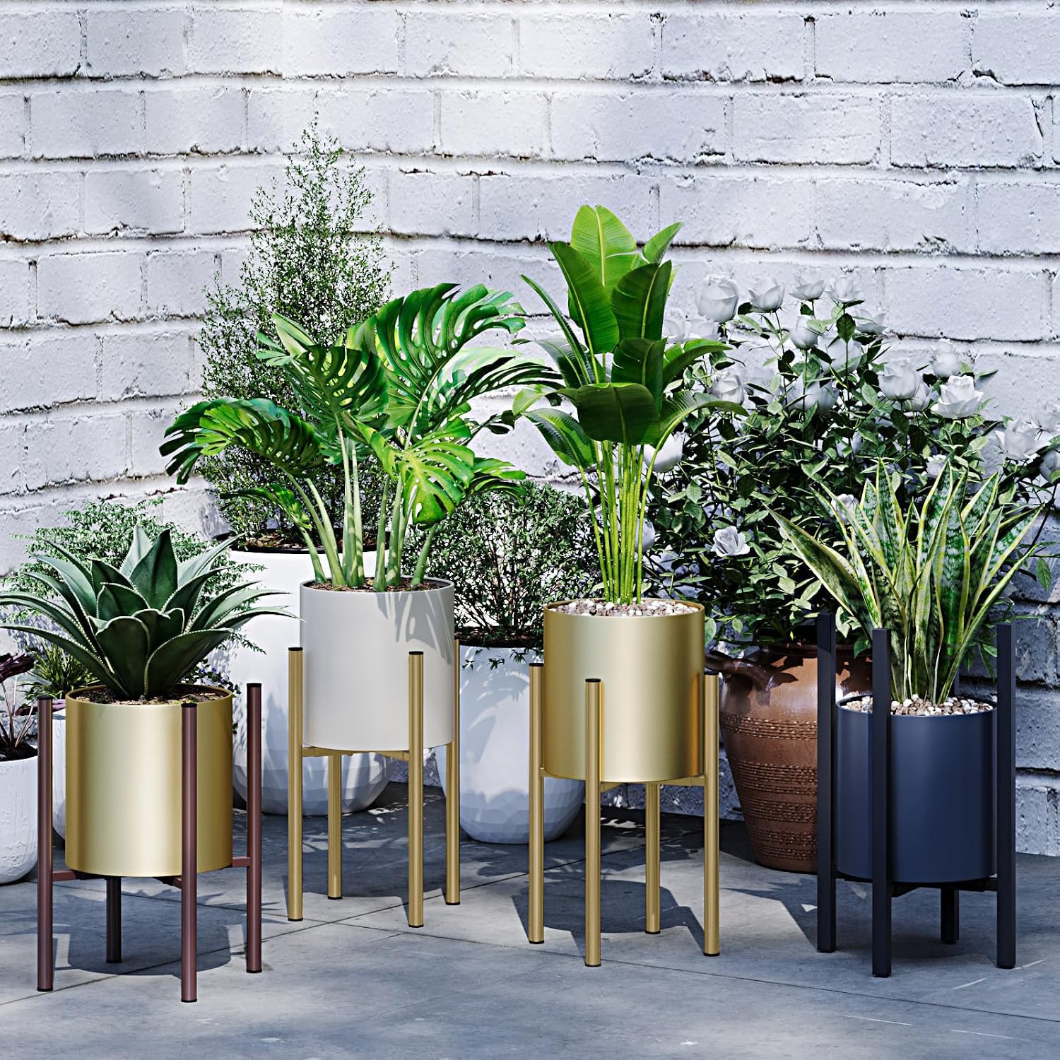 Adjustable Metal Plant Stand Indoor, Fits 8-14 Inch Pots, Mid Century Modern Gold Planter Holder,2 Heights, Heavy Duty