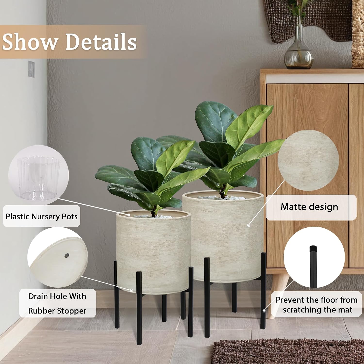 ARNIS Modern Plant Pots, Set of 2 Large Planters with Stand, Decorative Planters, Metal Pots with Drainage Holes for