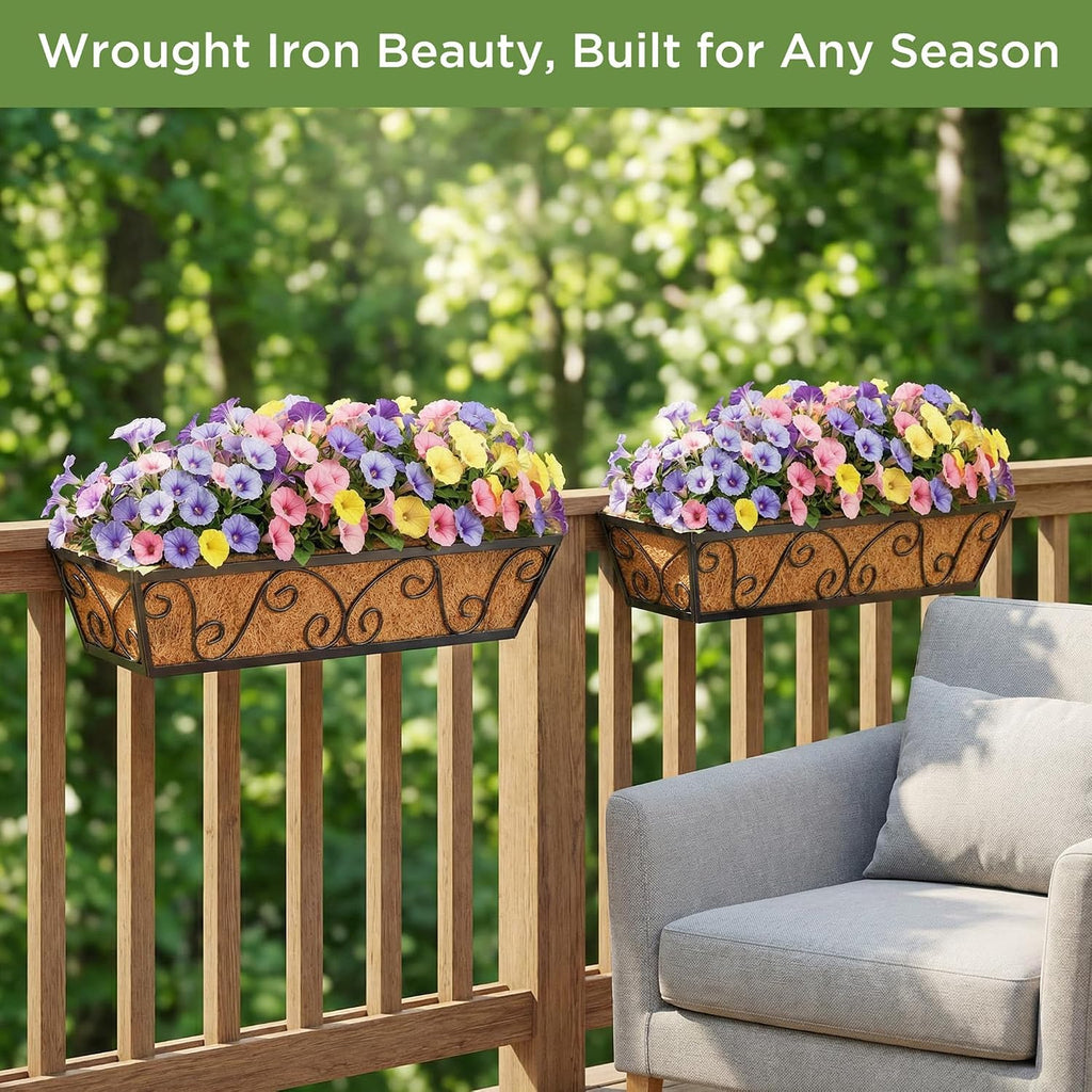 HFHOME 24 Inch Railing Planter Box with Coco Liners for Porch, Fence, Patio, Balcony Hanging Flower Railing Baskets