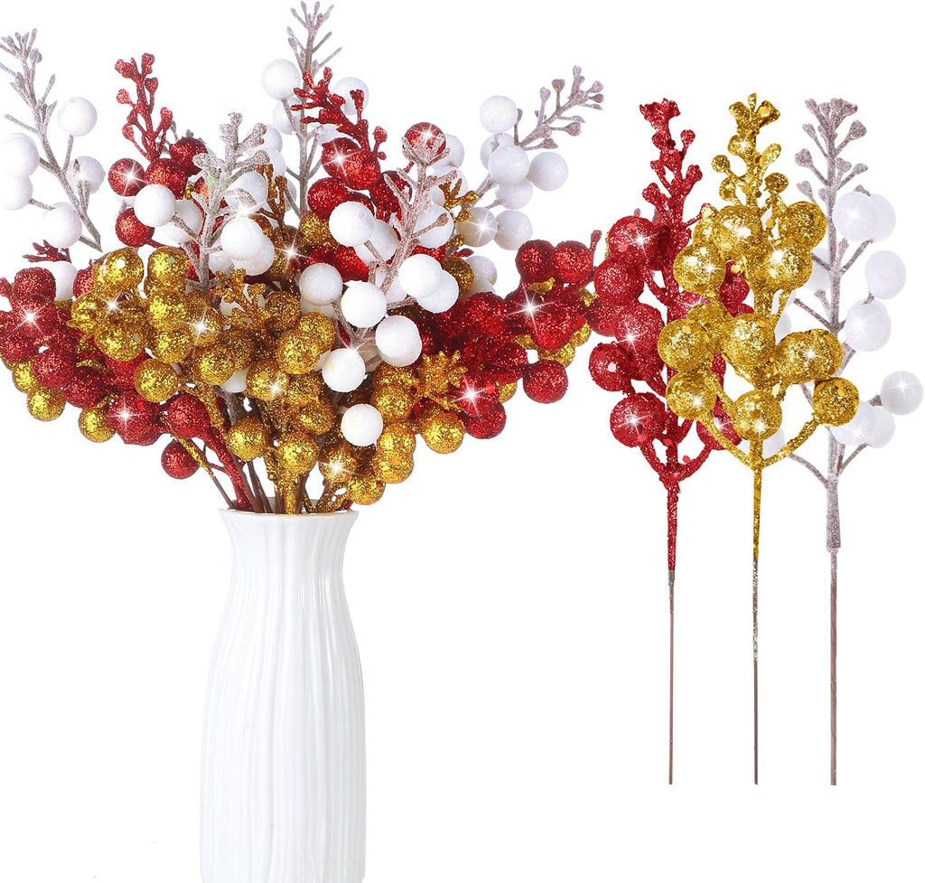 Geosar 36 Pcs Christmas Glittered Berries Stems, Red, White, Gold
