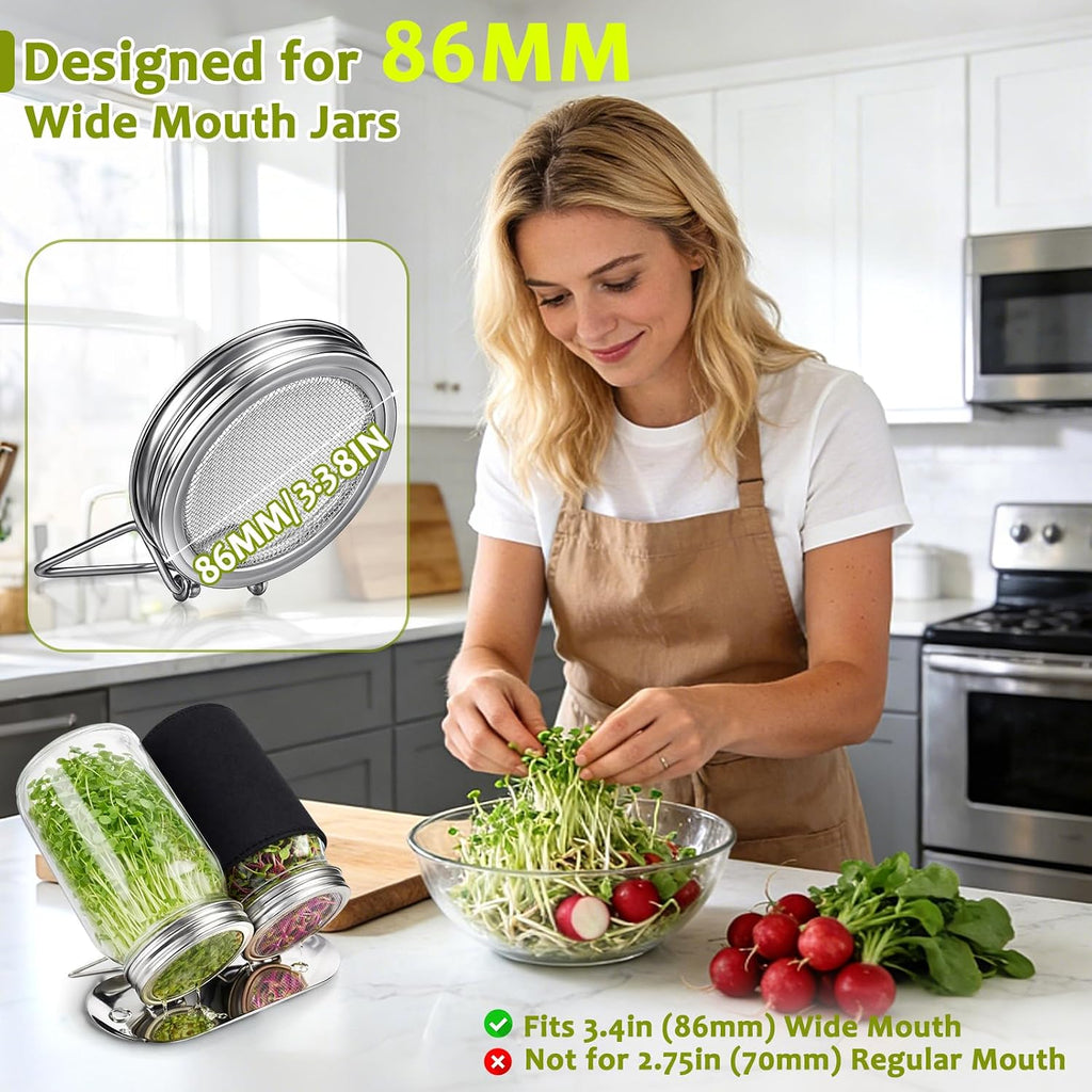 Sprouting Jar Kit, Stainless Steel Sprouting Lids with Stand, 2 Pcs | Sprouting Kit with Glass Mason Jars &