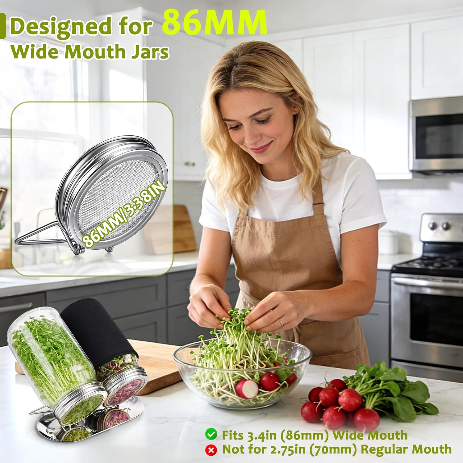 Sprouting Jar Kit, Stainless Steel Sprouting Lids with Stand, 2 Pcs | Sprouting Kit with Glass Mason Jars &