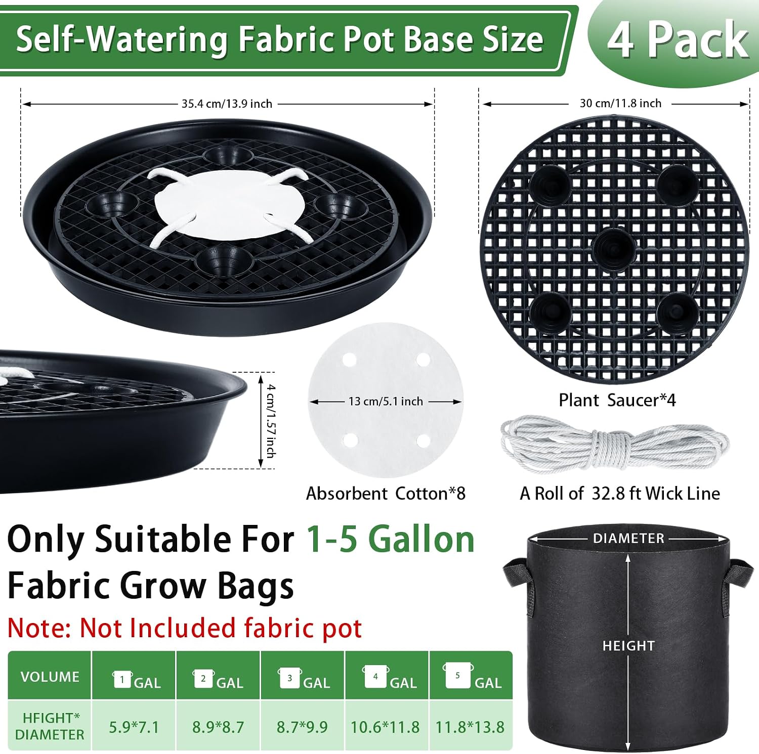 POILKMNI 4 Pack 14 Inch Self-Watering Fabric Pot Base | Auto Irrigation Plant Saucer Tray for 5 Gallon Grow Bags