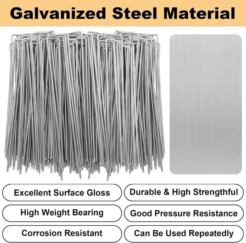8 Inch Landscape Staples Set, 200Pcs U-Shaped Landscape Staples and 200Pcs Fixing Gasket with 1 Pcs Pick Hook for Weed