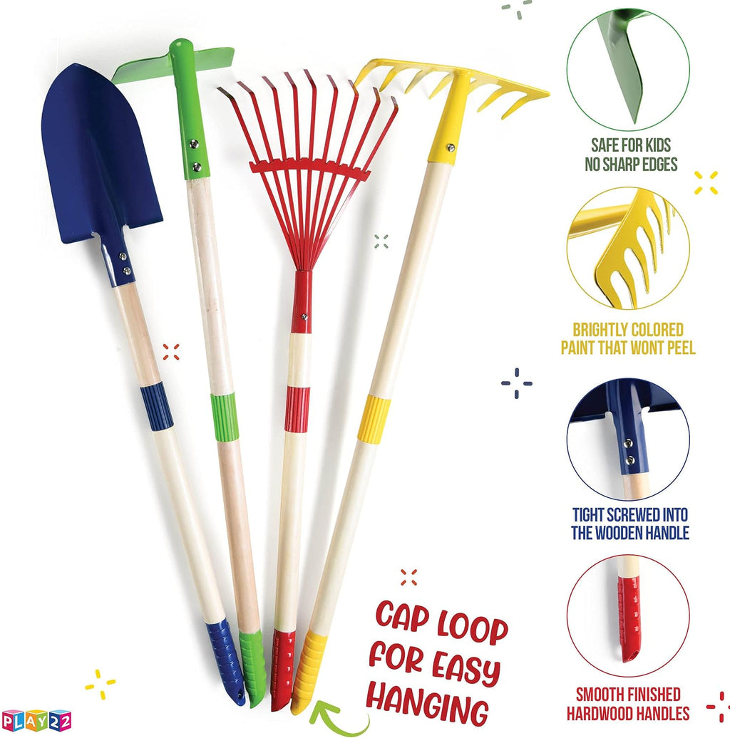 Play22 Kids Garden Tool Set Toy 4-Piece - Shovel, Rake, Hoe, Leaf Rake, Wooden Gardening Tools for Kids Best Outdoor