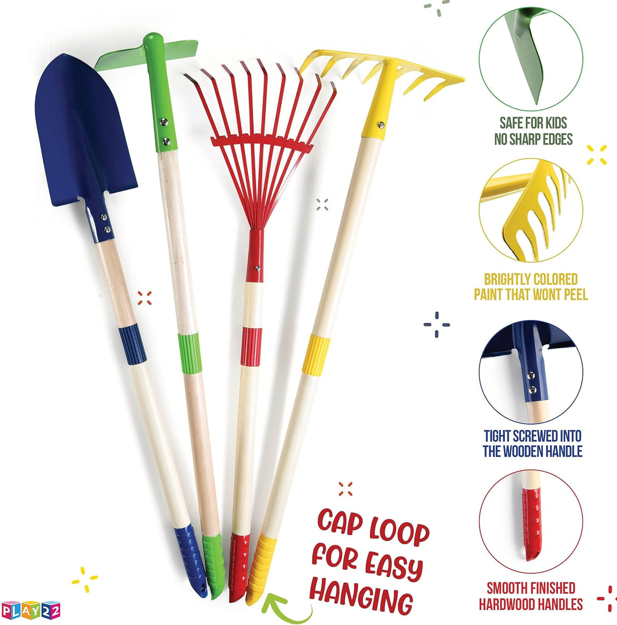 Play22 Kids Garden Tool Set Toy 4-Piece - Shovel, Rake, Hoe, Leaf Rake, Wooden Gardening Tools for Kids Best Outdoor
