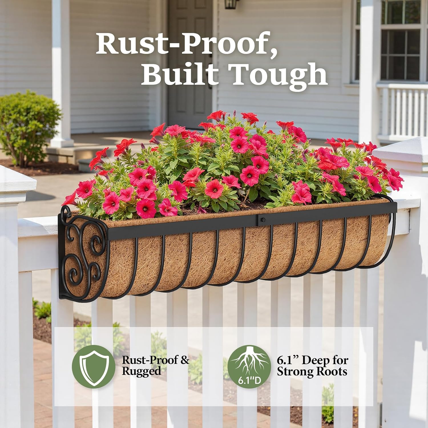 VOXOR Railing Planter Boxes, 30 Inch Window Boxes Planters, Balcony Planters with Adjustable Brackets & Coco Liner for