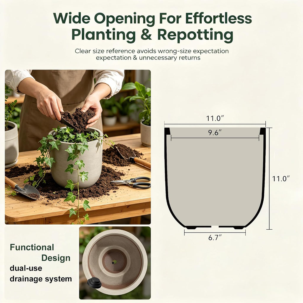 Kante Small Round Capsule Weathered Concrete Planter 11" Dia, Outdoor | Rubber Plug for Indoor, Drainage for Garden