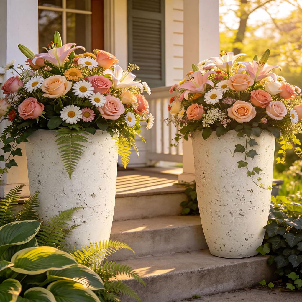 Autodaya 19.5" Resin Tall Planters for Outdoor Plants, Set of 2 Flower Pots | Country White Large Outdoor Planters With