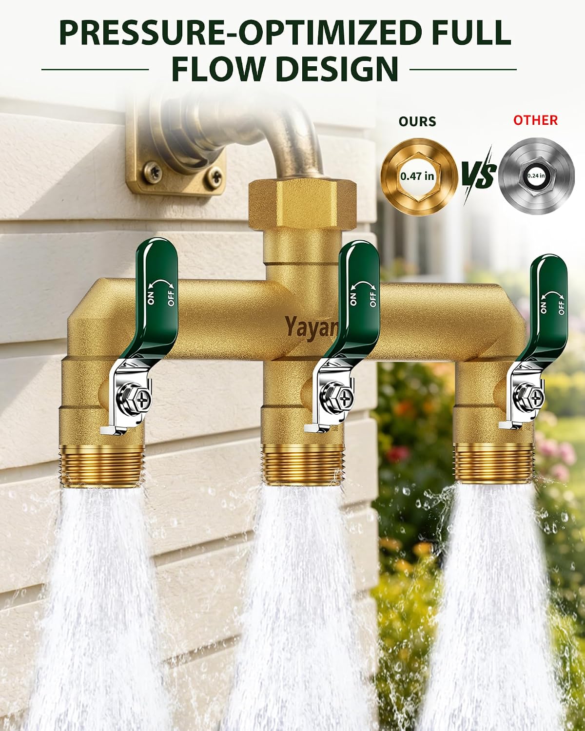 3 Way Garden Hose Splitter, 3/4" GHT Full Flow Hose Splitter | One-Piece Heavy Duty Full Brass Body with Shut-off