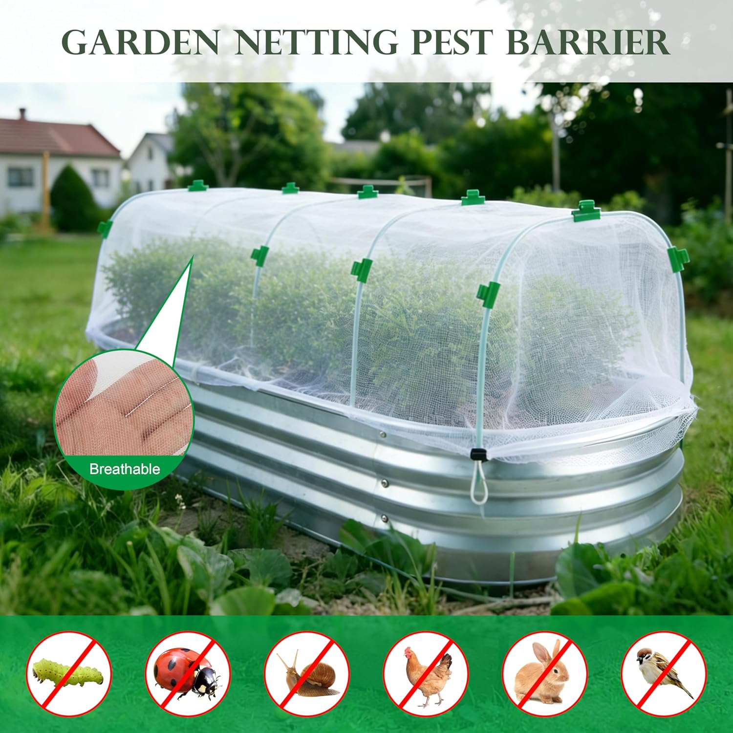 Fayoo Garden Netting Cover Kit with 60 Hoops & 20 Clips, 2 Pack | 0.04in Hdpe Fine Mesh, Plastic-Coated Metal Hoops
